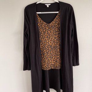 Long Black Cardigan with Attached Cheetah Tank | S